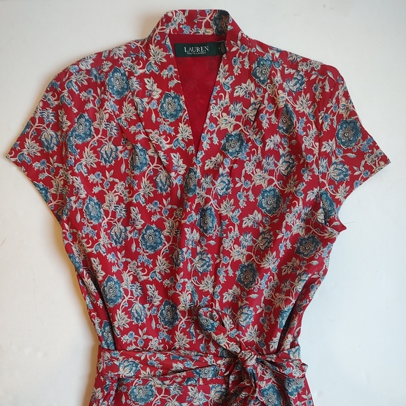 Ralph Lauren Floral Midi Dress Belt Red Blue Lined Fit Flare V Neck NWOT 10 - Picture 6 of 16